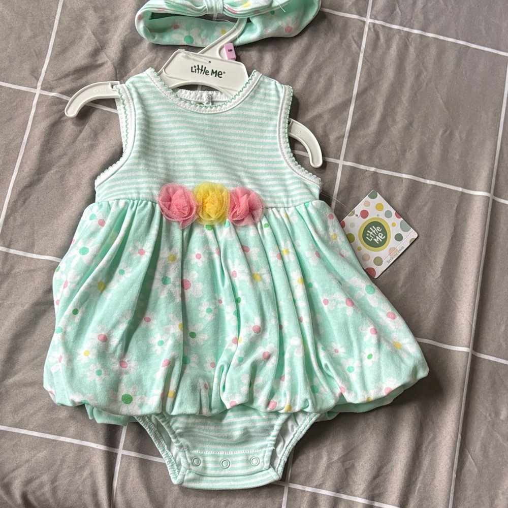 Little Me Mint and Pink Floral Baby Romper